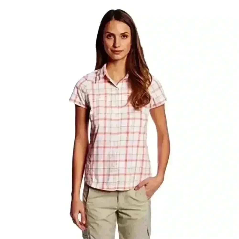 Columbia Women's White & Peach Nylon Plaid Silver Ridge Short Sleeve Button Down